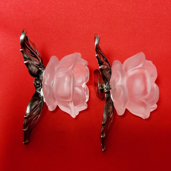 Vintage Pair PM Italy Frosted Glass Rose Silver Plate Leaves Candle Holder - Picture 7 of 13